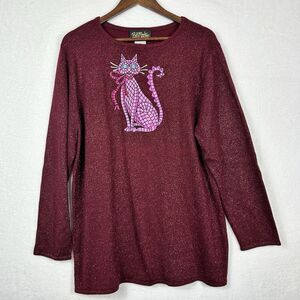 Bob Mackie Wearable Art Mosaic Cat Sweater Burgundy‎ Purple Sparkle Rhinestone L